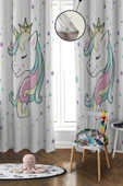 Dijital Baskı Yıkanabilir Unicorn Desenli 2 Kanat Bebek ve Çocuk Odası Fon Perdesi - 1