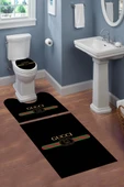 Yıkanabilir Kaymaz Dot Tabanlı Dekoratif Desenli 3'lü Klozet Takımı Banyo Paspas Seti - 1