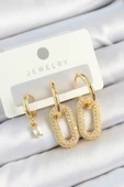 Pirinç Zirkon Taşlı Dikdörtgen Model Gold Renk 3'lü Çift Kadın Küpe Set - TJ-BKP10816 - 1