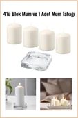 IKEA 4'lü Kokusuz Naturel Blok Mum ve 1 Adet Mum Tabağı - 1