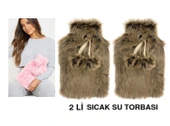 SICAK SU TORBASI 2 ADET,PELUŞ PONPONLU KAHVERENGİ 28x18x2cm 1 Litre - 1