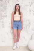 Kadın Fırfır Detaylı Beli Lastikli Duble Paça Denim Mini Şort - 6