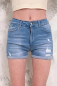 Kadın Likralı Duble Paça Yıpratmalı Denim Mini Şort - 9