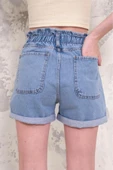 Kadın Fırfır Detaylı Beli Lastikli Duble Paça Denim Mini Şort - 8