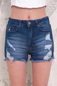 Kadın Likralı Etek Ucu Püsküllü Yıpratmalı Denim Mini Şort - 3