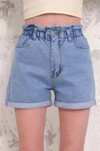 Kadın Fırfır Detaylı Beli Lastikli Duble Paça Denim Mini Şort - 9