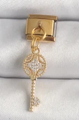 316L Çelik Gold Renk Sallantı Zirkon Taşlı Anahtar Model Nomination Charm - 1