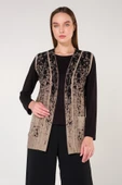 Kadın Siyah Düğmesiz Retro Desenli Cepli Anne Triko Yelek thumbnail 1