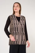 Kadın Kum Şeritli Cepli V Yaka Ekose Triko Anne Yelek thumbnail 1