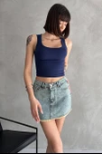 Taşlı Püsküllü Eskitme Mini Denim Etek - 3