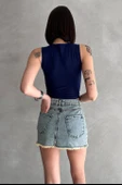 Taşlı Püsküllü Eskitme Mini Denim Etek - 5