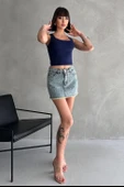 Taşlı Püsküllü Eskitme Mini Denim Etek - 2