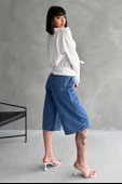 Diz Altı Geniş Kesim Tek Cepli Denim Bermuda - 4