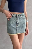 Taşlı Püsküllü Eskitme Mini Denim Etek - 1