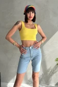 Dizüstü Dikişsiz Düz Kesim Denim Şort - 3