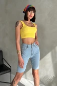 Dizüstü Dikişsiz Düz Kesim Denim Şort - 5