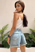 Kadın Etek Ucu Püsküllü Yıpratmalı Denim Mini Şort - 5