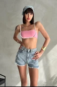 Püsküllü Yırtık Detaylı Denim Mini Şort - 2