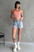 Beli Lastikli Pileli Duble Paça Denim Şort - 2