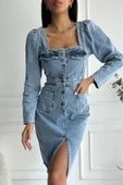 Kadın Yırtmaç Detaylı Uzun Kollu Denim Midi Mavi Elbise - 6