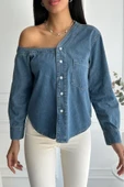 Kadın Regular Tek Omuz Denim Mavi Gömlek - 9