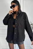 Kadın Oversize Taşlı Denim Siyah Ceket - 4