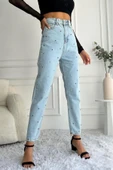 Kadın Yüksek Bel Taşlı Mom Fit Mavi Jean Pantolon - 5