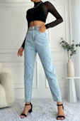 Kadın Yüksek Bel Taşlı Mom Fit Mavi Jean Pantolon - 1