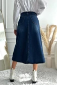 Kadın Midi Boy Yırtmaçlı Denim Lacivert Etek - 2