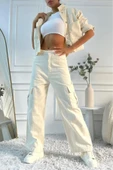 Kadın Yüksek Bel Wide Leg Bej Kargo Jean Pantolon - 8