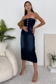 Kadın Likralı Yırtmaç Detaylı Straplez Denim Elbise - 3