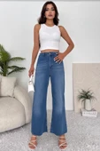 Kadın Yüksek Bel Likralı Geniş Dikişsiz Paça Jean Pantolon - 2