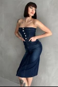 Yarım Düğmeli Sırtı Lastikli Cepli Midi Denim Elbise - 4