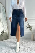 Kadın Midi Boy Yırtmaçlı Denim Lacivert Etek - 10