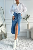 Kadın Midi Boy Pens Detaylı Yırtmaçlı Denim Mavi Etek - 10