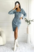 Kadın Yırtmaç Detaylı Uzun Kollu Denim Midi Mavi Elbise - 8