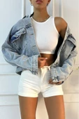 Kadın Oversize Denim Mavi Ceket - 4