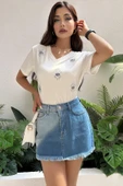Kadın Etek Ucu Püsküllü Çift Renk Denim Mini Etek - 2