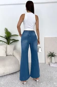 Kadın Yüksek Bel Likralı Geniş Dikişsiz Paça Jean Pantolon - 5