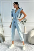 Kadın Fırfır Detaylı Kolsuz Mom Kalıp Denim Tulum - 10
