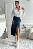 Kadın Midi Boy Yırtmaçlı Denim Lacivert Etek - 3