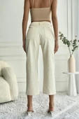 Kadın Yüksek Bel Dantel İşlemeli Mom Fit Bej Jean Pantolon - 2