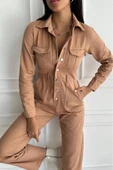 Kadın Çıt Çıt Düğmeli Uzun Kollu Denim Kiremit Tulum - 9