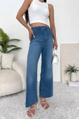 Kadın Yüksek Bel Likralı Geniş Dikişsiz Paça Jean Pantolon - 3