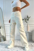 Kadın Yüksek Bel Wide Leg Bej Kargo Jean Pantolon - 9