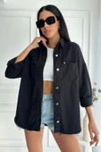 Kadın Oversize Etek Ucu Püsküllü Denim Siyah Gömlek - 1