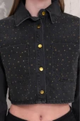 Kadın Taşlı Crop Denim Ceket - 5