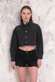 Kadın Taşlı Crop Denim Ceket - 1