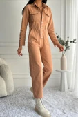 Kadın Çıt Çıt Düğmeli Uzun Kollu Denim Kiremit Tulum - 10