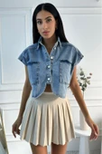 Kadın Crop Oversize Mavi Denim Yelek - 8